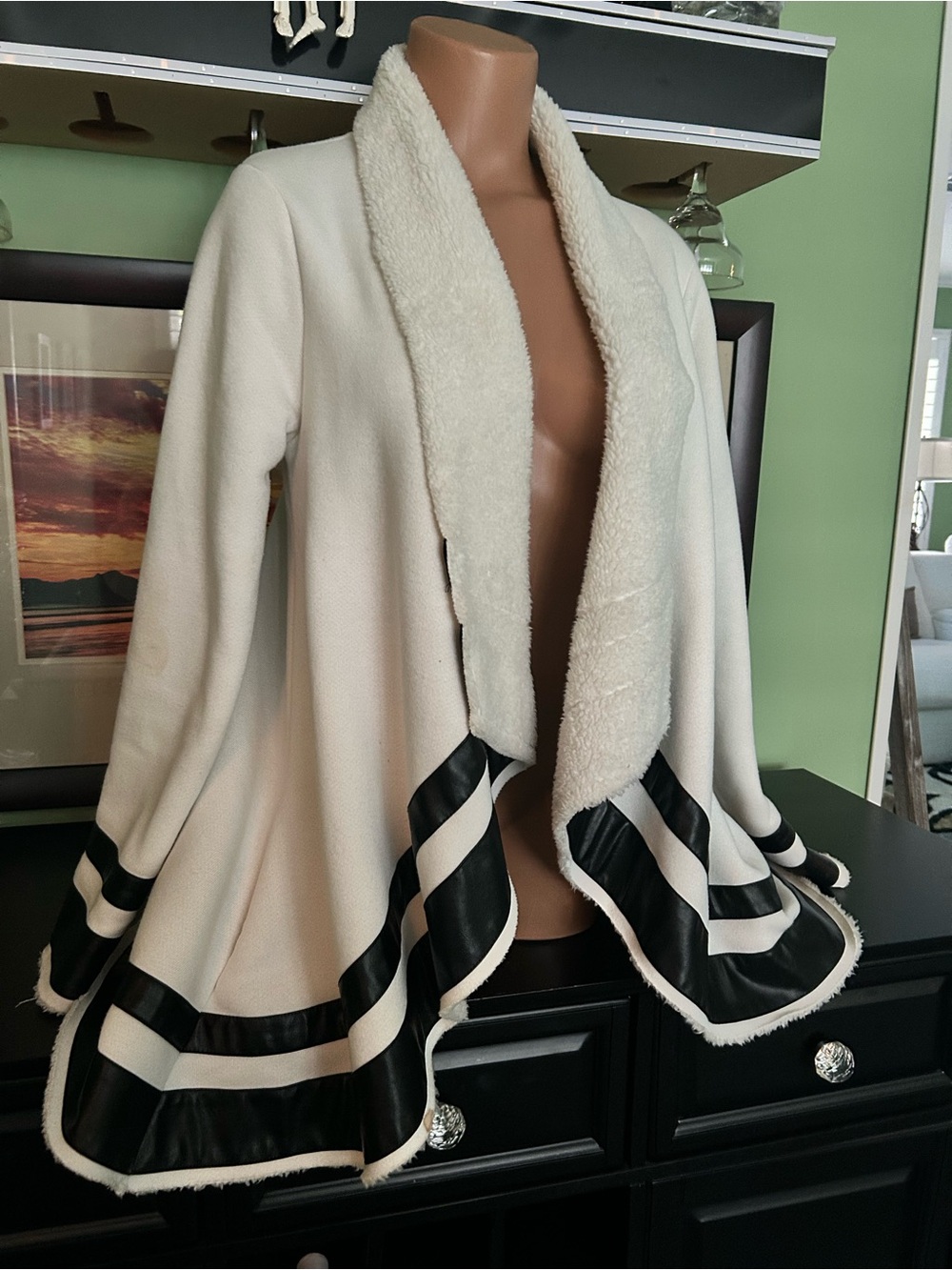 Venus Cream Sherpa-Trim Swing Cardigan with Black Faux Leather Stripe Detail S